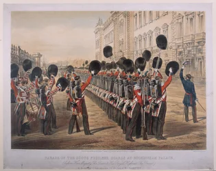 Parade des Scots Fusilier Guards au palais de Buckingham le matin de leur départ pour le théâtre de guerre, 2 mars 1854, gravé par E. Walker, publié par Colnaghi und Co., 1854
