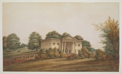 Une maison de jardin palladienne dans un paysage de parc, Delhi, avec une calèche et des cavaliers approchant