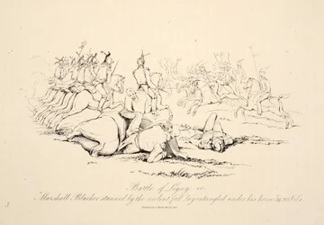 Bataille de Ligny : le maréchal Blucher étourdi par la chute violente, enchevêtré sous son cheval, publié par J. Booth, 1816