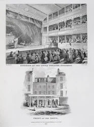 Intérieur du Petit Théâtre, Haymarket à Londres et la façade, gravé par James Stow