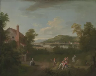 Paysage avec des travailleurs agricoles