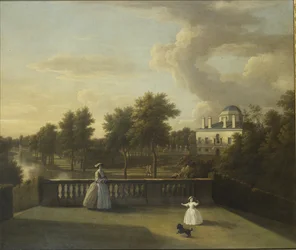 Vue de la villa de Chiswick depuis un balcon au-dessus de la Cascade avec le lac