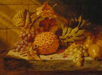 Raisins noirs et blancs, poires, groseilles rouges et ananas sur un rebord, 1845