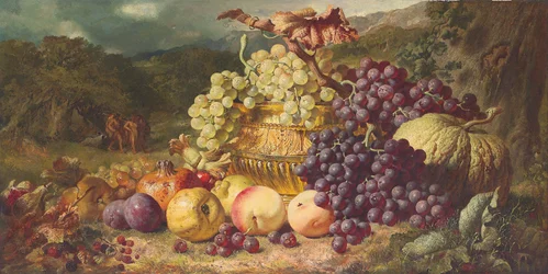 Nature morte avec fruits dans un paysage, une partie de chasse au-delà, 1859