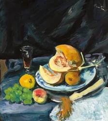Nature morte avec melon coupé, verre et éventail, vers 1920