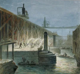 Travaux de démolition sur le pont de Blackfriars depuis la rive du Surrey, Londres, 1865