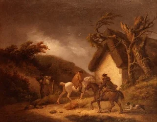 Paysage boisé orageux avec des voyageurs