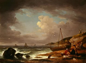 Scène côtière avec des hommes réparant un bateau
