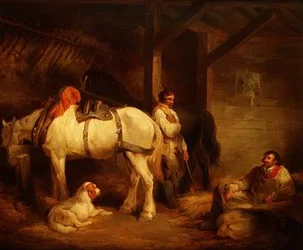 Travailleurs et chevaux de trait dans une écurie