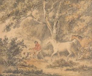 Paysage avec chevaux, fermier et chien