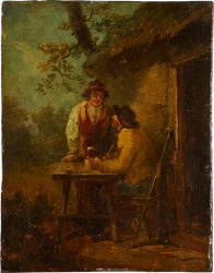 Paysans devant une cabane