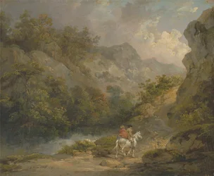 Paysage rocheux avec deux hommes sur un cheval