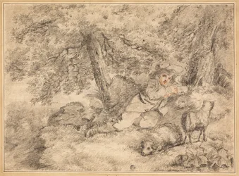 Garçon berger avec des agneaux dans les bois