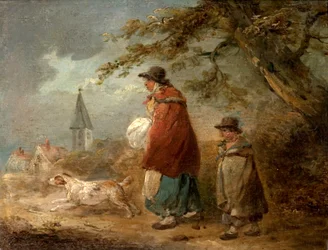 Femme, enfant et chien sur une route
