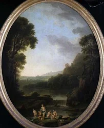 Paysage boisé avec baigneurs
