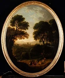 Paysage boisé avec paysans et bétail sur un chemin