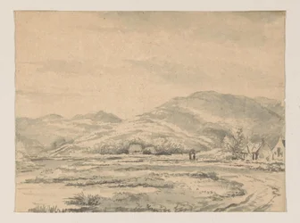 Paysage vallonné avec quelques maisons et une rivière à gauche
