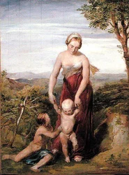 Une femme avec deux enfants dans un paysage vallonné