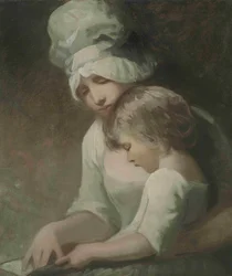 Une mère et son enfant lisant Mrs Cumberland et son fils