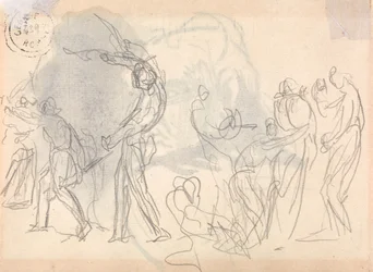 Étude de composition figurative : des hommes repoussant une attaque contre leurs familles