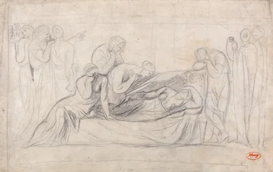 Personnages en deuil devant le cercueil d