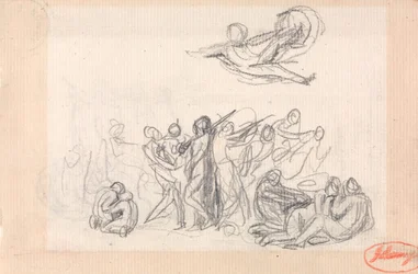Groupe de personnages, avec un personnage volant au-dessus
