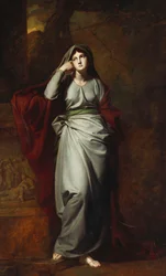 Il Penseroso, ou Mélancolie : Une figure féminine, en pied, portant des robes vert pâle, debout dans un paysage, reposant son coude gauche sur un piédestal portant une frise classique