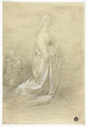 Femme agenouillée, mère et enfant assis