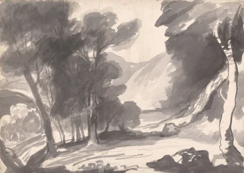 Étude de paysage : bosquet, lac et montagnes