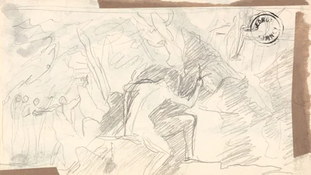 Homme nu dans un paysage sauvage et rocheux, avec des silhouettes au loin