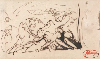 Femme prosternée, entourée de deux personnages