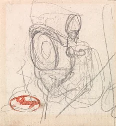 Figure assise avec casque et bouclier