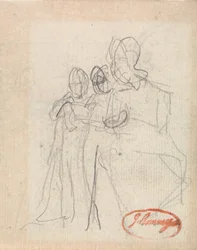 Personnage assis avec deux enfants