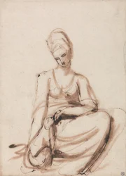 Femme assise nourrissant un animal