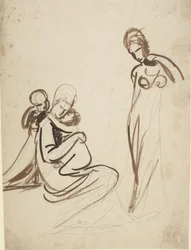Une femme assise avec deux enfants et une femme debout