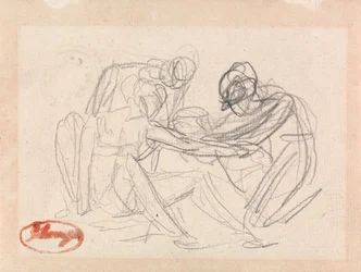 Deux personnages agenouillés devant un personnage assis