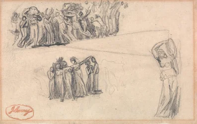 Deux croquis représentant des femmes et des enfants en fuite, ainsi qu’une figure féminine debout jouant du tambourin, destinés à Lady Anne Leveson pour l’œuvre « Dancing Gower Children »
