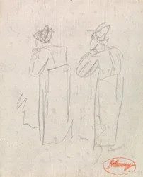 Deux personnages debout portant de grands chapeaux