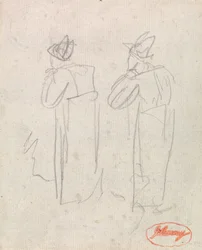 Deux personnages debout coiffés de hauts-de-forme