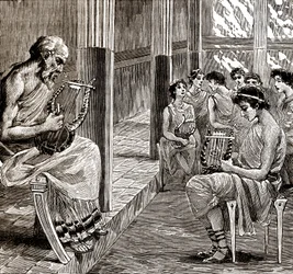 Une école dans la Grèce antique : le maître apprend aux élèves à jouer de la lyre