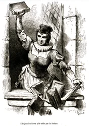 La gouvernante de Don Quichotte jette par la fenêtre les livres de sa bibliothèque.
