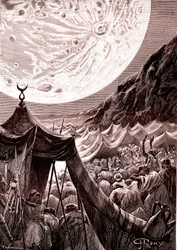 La lune dans le désert de Nubie, Soudan. Musulmans priant. 1888 (gravure)