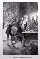Jeune Jim Hawkins, Chevalier Trelawnay et Docteur Livesey se réconcilient dans un salon - dans "L