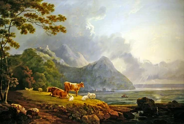 Un paysage étendu avec des moutons et des vaches