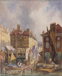 Ancien marché de Hungerford depuis la rivière, Londres, c.1810