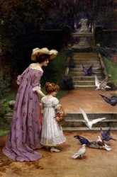 Feeding the Pigeons. Une mere et sa fille nourrisant les oiseaux dans un parc. Une fontaine est representee en haut des escaliers. Peinture de George Sheridan Knowles (1863-1931 British) Collection privee