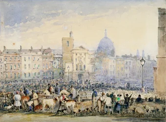 Vue du marché de Smithfield avec des figures et des animaux, City de Londres