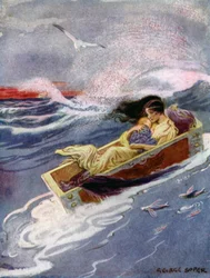 Persée : « Et la mère et son bébé flottèrent au loin et en mer » (lithographie en couleur)