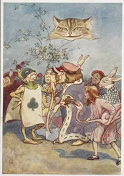 Le chat du Cheshire regardant Alice et le bourreau carte à jouer, avec d