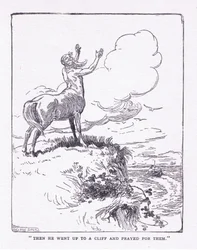 Puis elle monta sur la falaise et pria pour eux, du livre The Heroes publié par George Allen and Unwin 1929